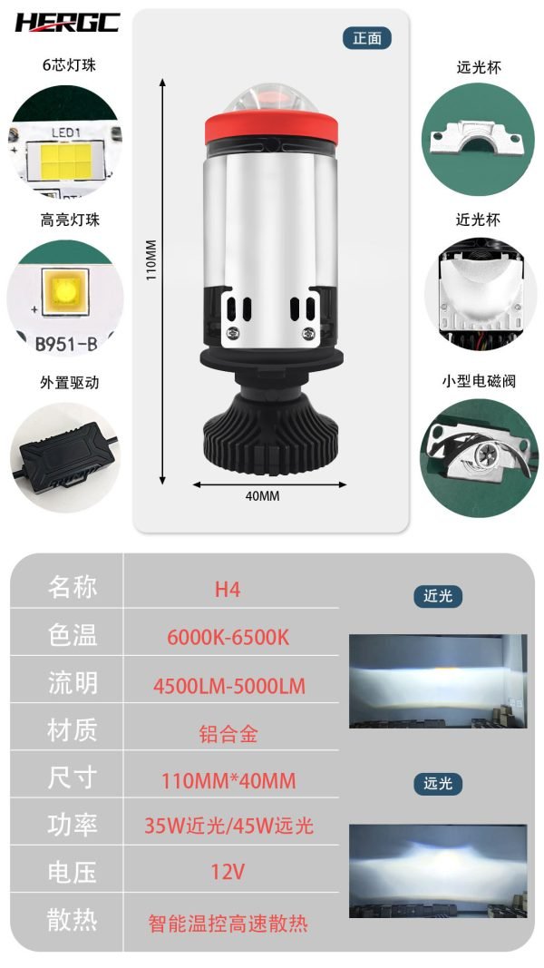 HERGC H4 Bi Led Headlight Lamp 6+1Chips Led 6500K high Beam 45W 5000Lux Bi Projector